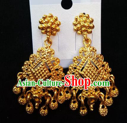 Chinese Dai Nationality Golden Earrings Traditional Ethnic Folk Dance Ear Accessories for Women