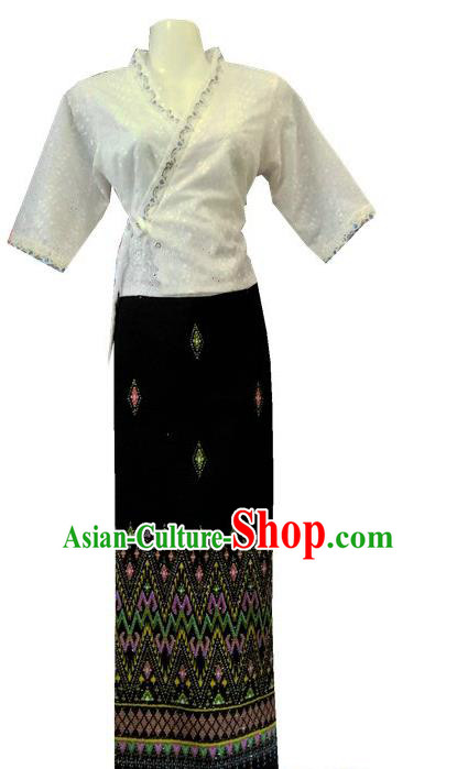 Chinese Dai Nationality Stage Show Outfit Costumes Traditional Dai Ethnic Folk Dance White Blouse and Black Straight Skirt Complete Set