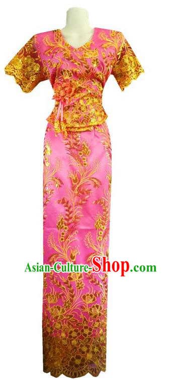 Chinese Dai Nationality Embroidered Outfit Costumes Traditional Dai Ethnic Folk Dance Pink Blouse and Straight Skirt Full Set