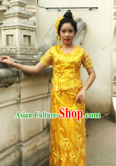 Golden Chinese Dai Nationality Embroidered Outfit Costumes Traditional Dai Ethnic Folk Dance Blouse and Straight Skirt Full Set