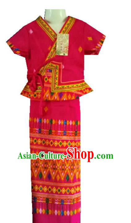 Chinese Dai Nationality Girl Dress Costumes Traditional Dai Ethnic Children Red Blouse and Straight Skirt for Kids