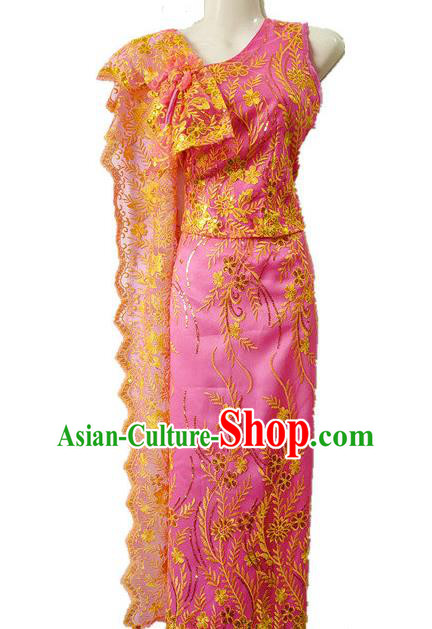 Traditional Chinese Dai Nationality Embroidered Pink Outfit Costumes Dai Ethnic Dance Blouse and Straight Skirt with Tippet Veil