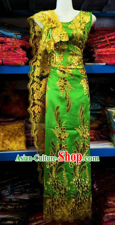 Traditional Chinese Dai Nationality Green Sleeveless Blouse and Straight Skirt Outfit Dai Ethnic Dance Costumes with Tippet Veil