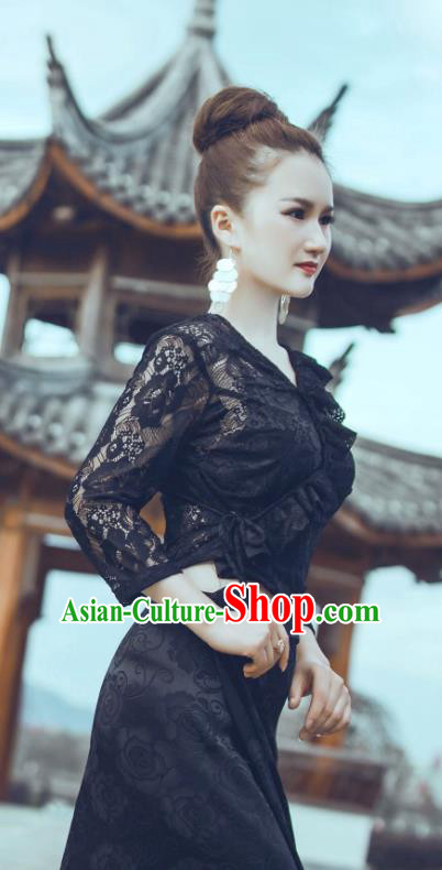 Traditional Chinese Dai Nationality Black Lace Blouse and Straight Skirt Outfit Dai Ethnic Dance Fashion Costumes