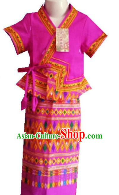 Chinese Dai Nationality Girl Dress Costumes Traditional Dai Ethnic Children Fuchsia Blouse and Straight Skirt for Kids