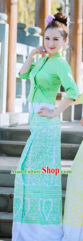 Chinese Dai Nationality Fashion Costumes Traditional Dai Ethnic Dance Stage Performance Green Blouse and Straight Skirt Outfits