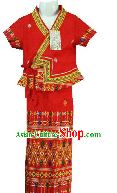 Chinese Dai Nationality Girl Dress Costumes Traditional Dai Ethnic Children Red Blouse and Straight Skirt for Kids