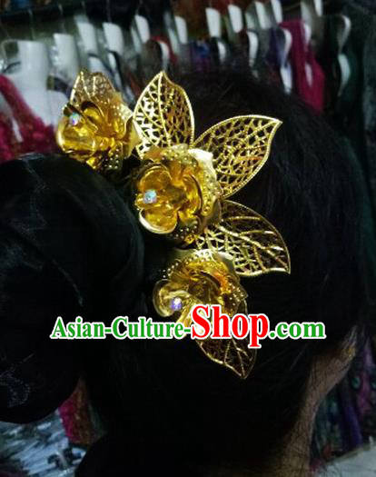 Chinese Dai Nationality Water Sprinkling Festival Hairpin Traditional Ethnic Dance Hair Accessories Handmade Golden Flowers Hair Comb for Women