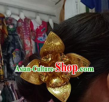 Chinese Dai Nationality Water Sprinkling Festival Tassel Hairpin Traditional Ethnic Dance Hair Accessories Handmade Golden Flowers Hair Clip for Women