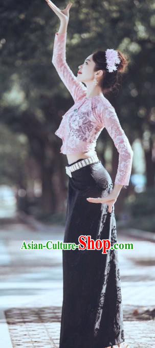 Chinese Dai Nationality Fashion Costumes Traditional Dai Ethnic Pink Lace Blouse and Black Straight Skirt Outfits