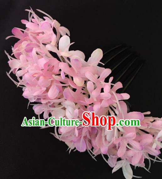 Chinese Dai Nationality Dance Pink Flowers Hairpin Traditional Ethnic Hair Accessories Handmade Hair Comb for Women