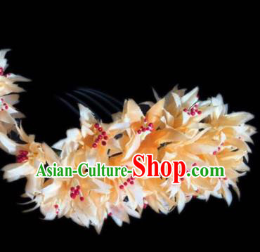 Chinese Dai Nationality Dance Orange Silk Flowers Hairpin Traditional Ethnic Hair Accessories Handmade Hair Comb for Women