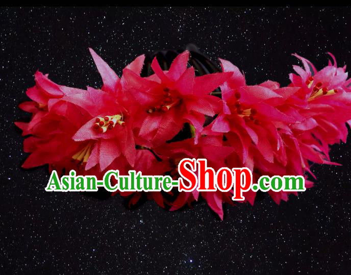 Chinese Dai Nationality Dance Red Silk Flowers Hairpin Traditional Ethnic Hair Accessories Handmade Hair Comb for Women