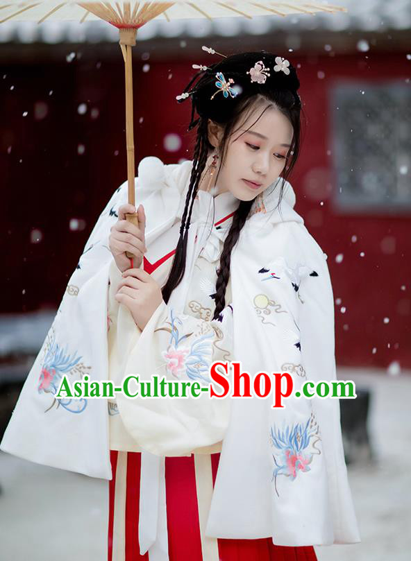 Chinese Ming Dynasty Princess Costumes Traditional Hanfu Garment Ancient Embroidered Crane White Short Cloak for Women