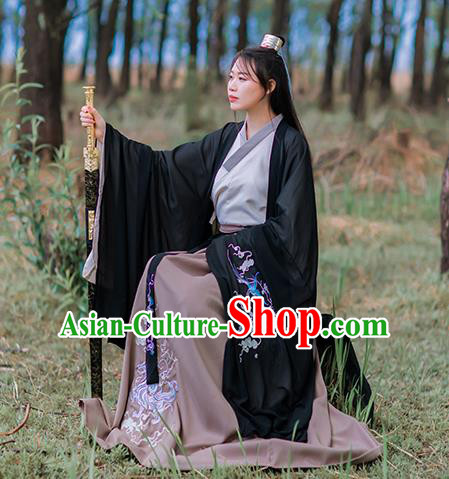 Chinese Jin Dynasty Young Swordsman Costumes Traditional Ancient Scholar Hanfu Garment Embroidered Black Cape Shirt and Skirt Full Set