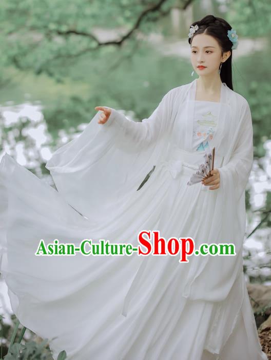 Chinese Ming Dynasty Young Female Costumes Traditional Hanfu Apparels Ancient Nobility Lady White Cape Blouse and Skirt Complete Set