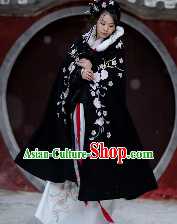 Chinese Ming Dynasty Embroidered Peony Cloak Costumes Traditional Ancient Hanfu Garment Winter Black Woolen Cape for Women