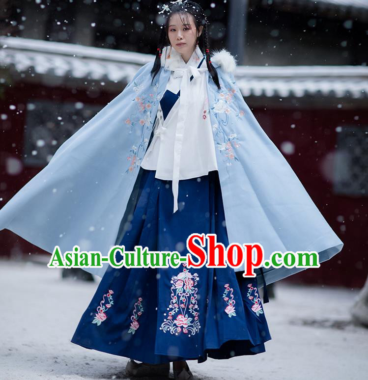 Chinese Ming Dynasty Embroidered Blue Hooded Cloak Costumes Traditional Ancient Hanfu Garment Winter Woolen Cape for Women