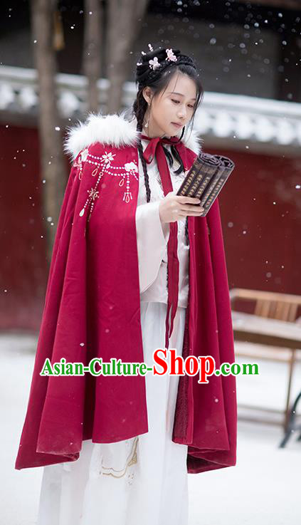 Chinese Ming Dynasty Embroidered Wine Red Cloak Costumes Traditional Ancient Hanfu Garment Winter Woolen Cape for Women