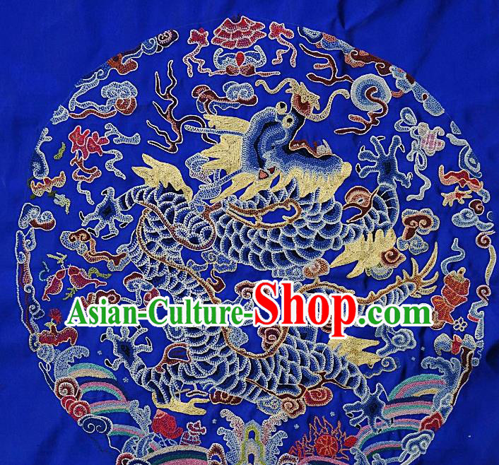 Chinese Traditional Embroidered Dragon Fabric Patches Handmade Embroidery Craft Embroidering Royalblue Silk Decorative Picture