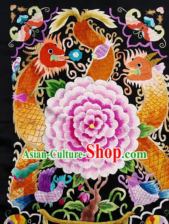 Chinese Traditional Embroidered Yellow Dragon Peony Fabric Patches Handmade Embroidery Craft Miao Ethnic Accessories Embroidering Applique