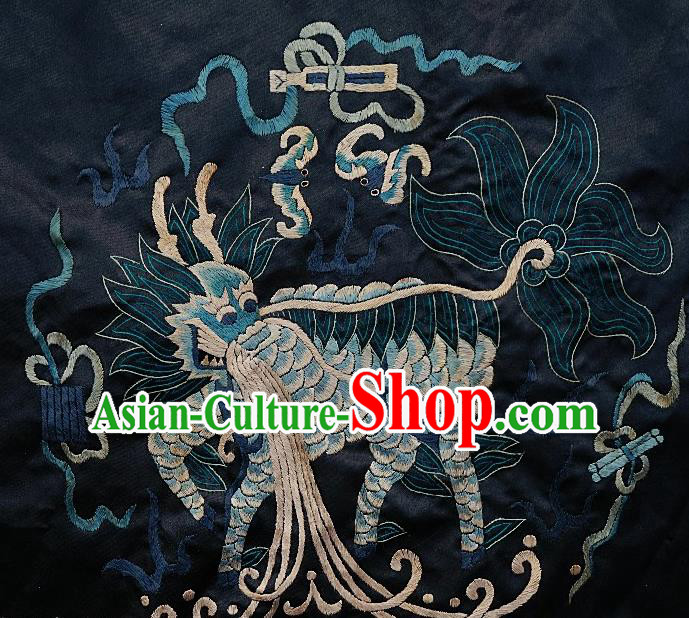 Chinese Traditional Embroidered Blue Bat Kylin Fabric Patches Handmade Embroidery Craft Embroidering Silk Decorative Accessories