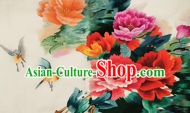 Chinese Traditional Embroidered Peony Birds Fabric Patches Handmade Embroidery Craft Embroidering Cloth Decorative Painting