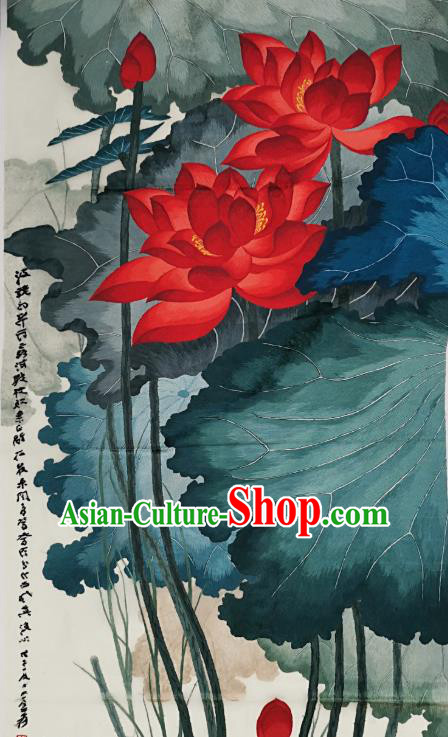 Chinese Traditional Embroidered Red Lotus Decorative Painting Handmade Embroidery Craft Embroidering Cloth Picture