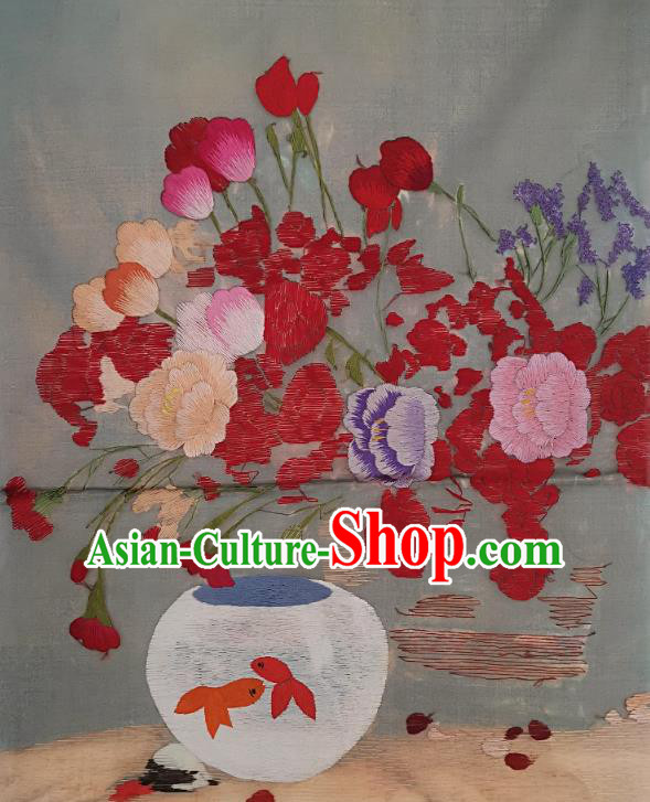 Chinese Traditional Embroidered Colorful Flowers Decorative Painting Handmade Embroidery Craft Embroidering Goldfish Cloth Picture