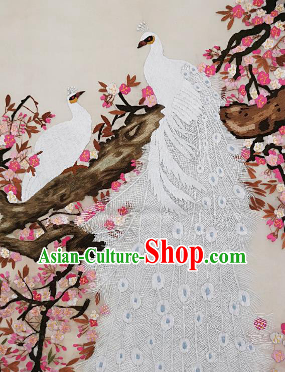 Chinese Traditional Embroidered White Peacock Decorative Painting Handmade Embroidery Craft Embroidering Peach Blossom Cloth Picture