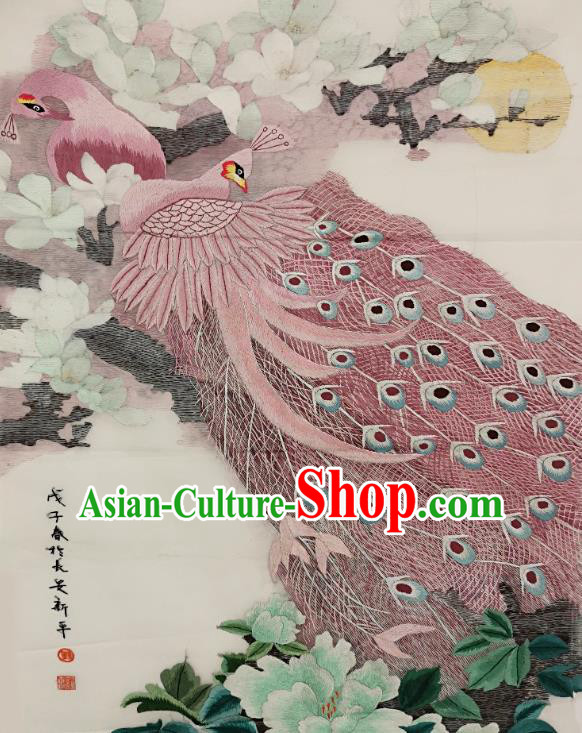 Chinese Traditional Embroidered Pink Peacock Decorative Painting Handmade Embroidery Craft Embroidering Yulan Magnolia Cloth Picture