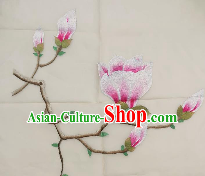 Traditional Chinese Embroidered Pink Magnolia Fabric Patches Handmade Embroidery Craft Accessories Embroidering Flowers Applique