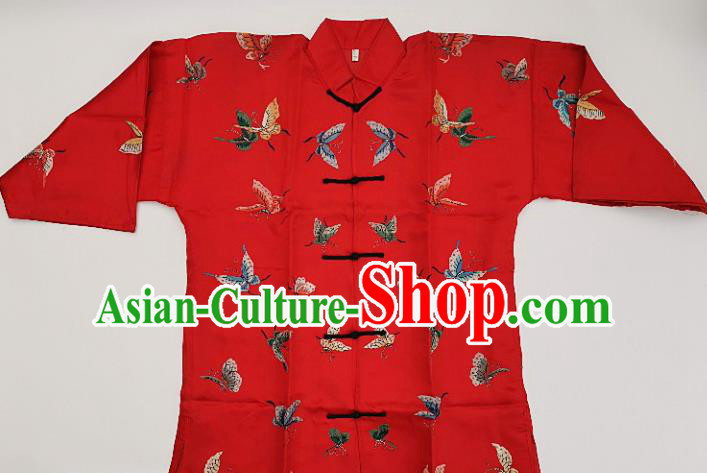 Chinese Traditional Embroidered Butterfly Red Blouse Handmade Embroidery Costume Tang Suit Upper Outer Garment for Women