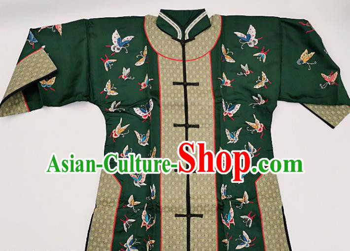 Chinese Traditional Embroidered Butterfly Dark Green Blouse Handmade Embroidery Costume Tang Suit Upper Outer Garment for Women