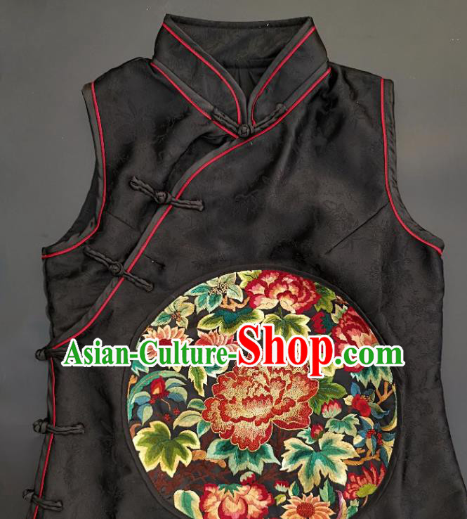 Chinese Traditional Embroidered Peony Black Silk Vest Handmade Embroidery Costume Tang Suit Waistcoat for Adult