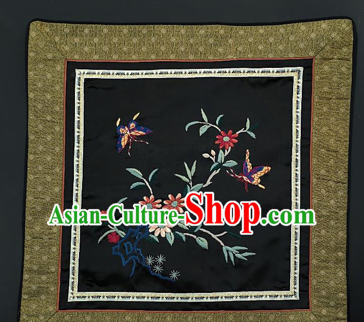 Traditional Chinese Embroidered Orchid Butterfly Fabric Patches Handmade Embroidery Craft Accessories Embroidering Black Silk Cushion Applique