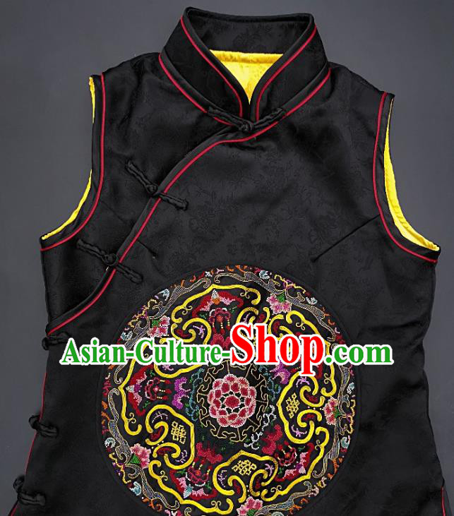 Chinese Traditional Embroidered Black Silk Vest Handmade Embroidery Costume Tang Suit Waistcoat for Adult