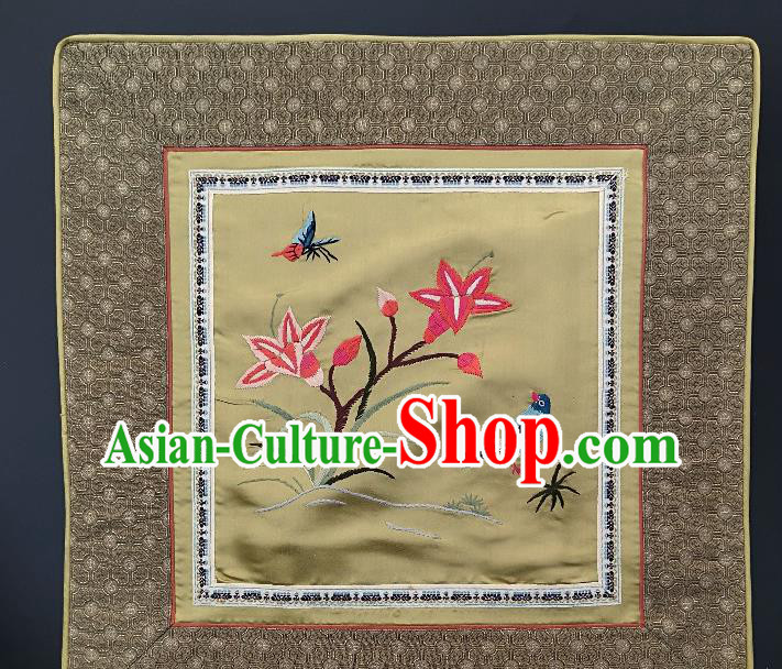 Traditional Chinese Embroidered Orchid Fabric Patches Handmade Embroidery Craft Accessories Embroidering Yellow Silk Cushion Applique