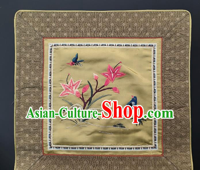 Traditional Chinese Embroidered Orchid Fabric Patches Handmade Embroidery Craft Accessories Embroidering Navy Bird Yellow Silk Cushion Applique