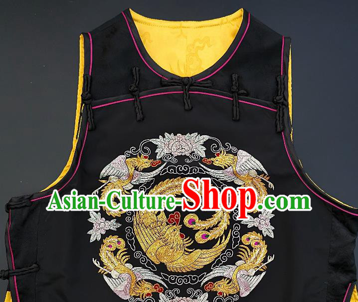 Chinese Traditional Embroidered Phoenix Black Silk Vest Handmade Embroidery Costume Tang Suit Waistcoat for Adult