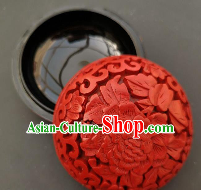 Chinese Traditional Carving Peony Flower Red Lacquer Rouge Box Handmade Lacquerware Craft Inkpad Box