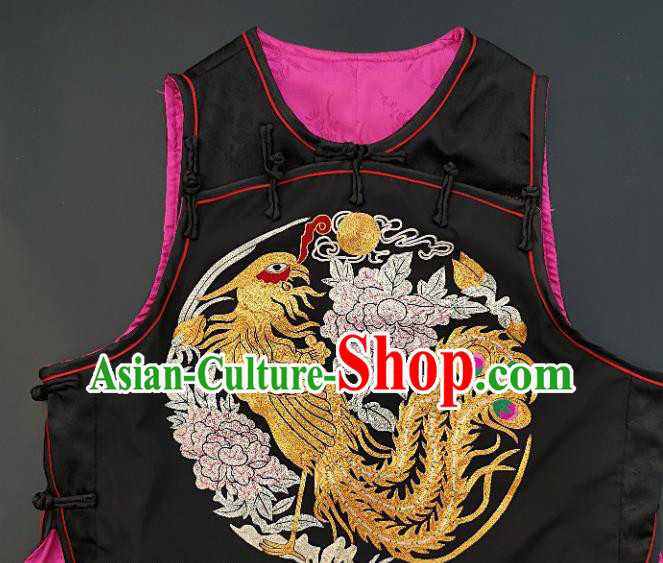 Chinese Traditional Embroidered Phoenix Peony Vest Handmade Embroidery Costume Tang Suit Black Silk Waistcoat for Women