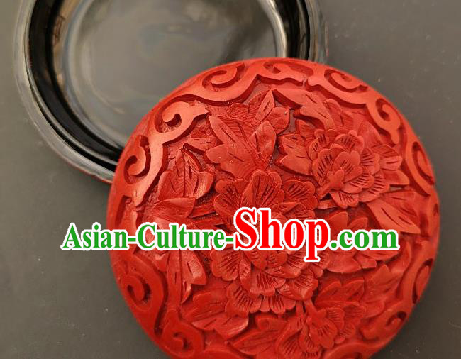 Chinese Traditional Handmade Carving Peony Flower Red Lacquer Rouge Box Lacquerware Craft Inkpad Box