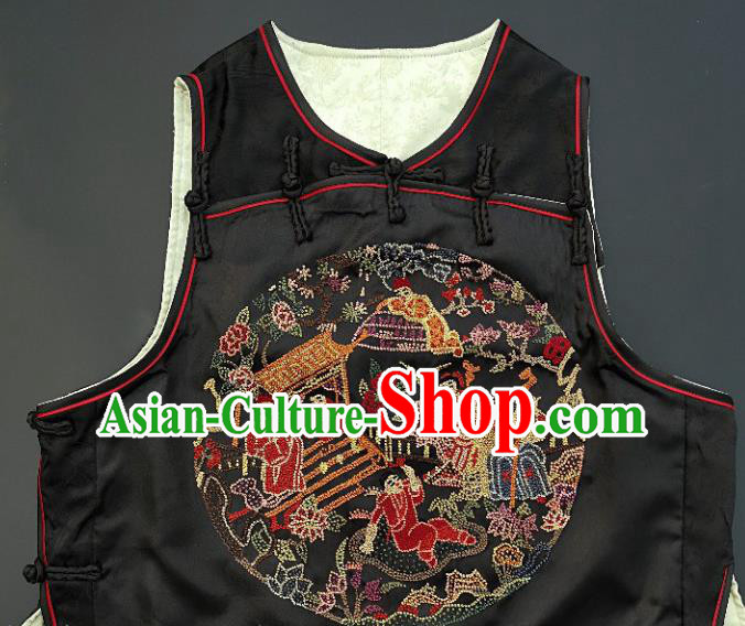 Chinese Traditional Embroidered Vest Handmade Embroidery Costume Tang Suit Black Silk Waistcoat for Women