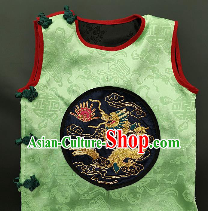 Chinese Traditional Embroidered Dragon Vest Handmade Embroidery Costume Tang Suit Green Silk Waistcoat for Kids