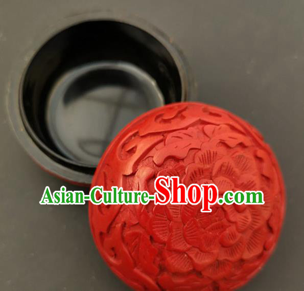 Chinese Traditional Carving Peony Lacquer Rouge Box Handmade Lacquerware Craft Red Inkpad Box