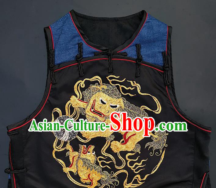 Chinese Traditional Embroidered Lion Vest Handmade Embroidery Costume Tang Suit Navy Silk Waistcoat for Women