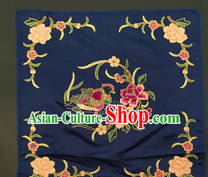 Chinese Traditional Embroidered Pink Peony Mandarin Duck Fabric Patches Handmade Embroidery Craft Embroidering Navy Silk Applique Cushion Accessories