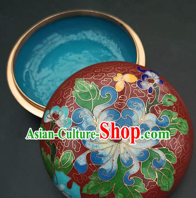 Chinese Traditional Cloisonne Chrysanthemum Pattern Rouge Box Handmade Brass Craft Enamel Red Inkpad Box Accessories