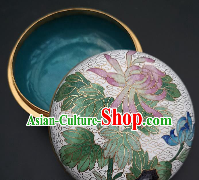 Chinese Traditional Cloisonne Chrysanthemum Pattern Rouge Box Handmade Brass Craft Enamel White Inkpad Box Accessories